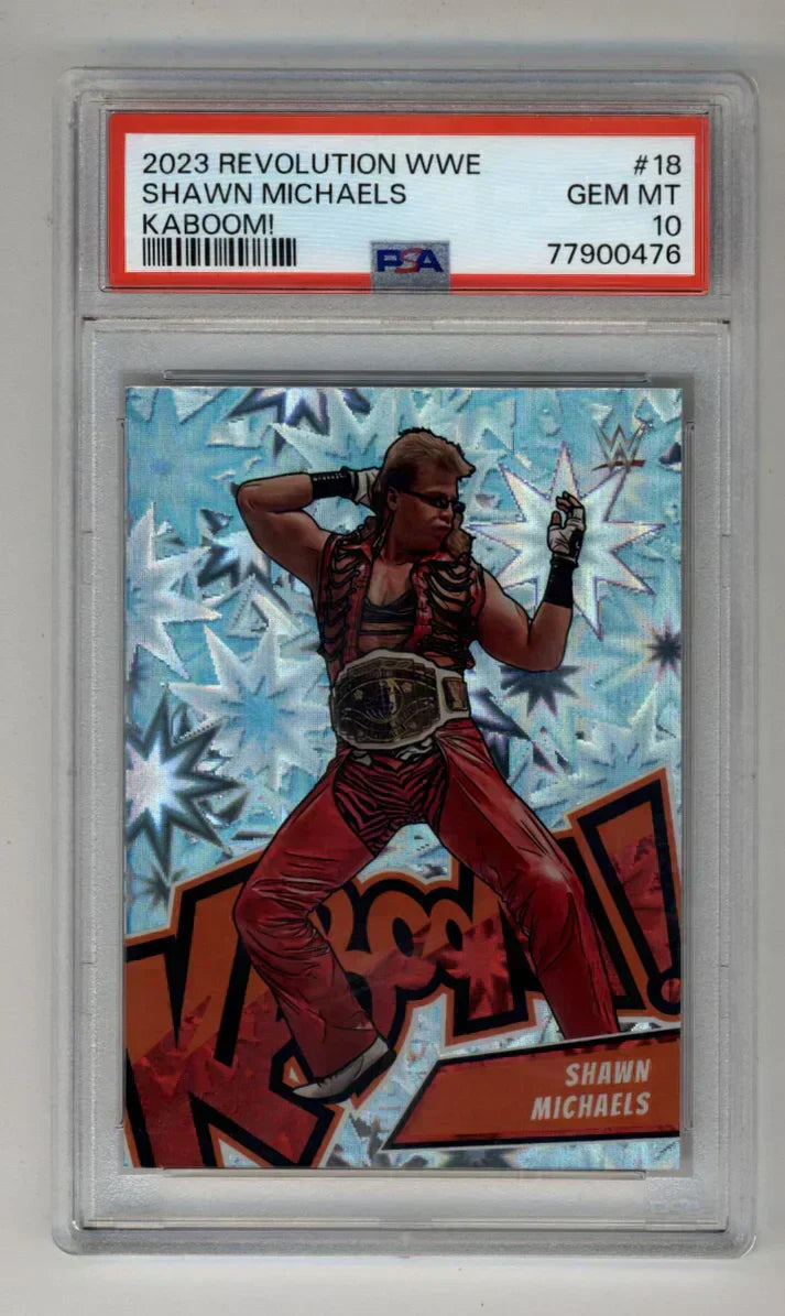 PSA-graded 2023 WWE Revolution Shawn Michaels trading card in a protective case.