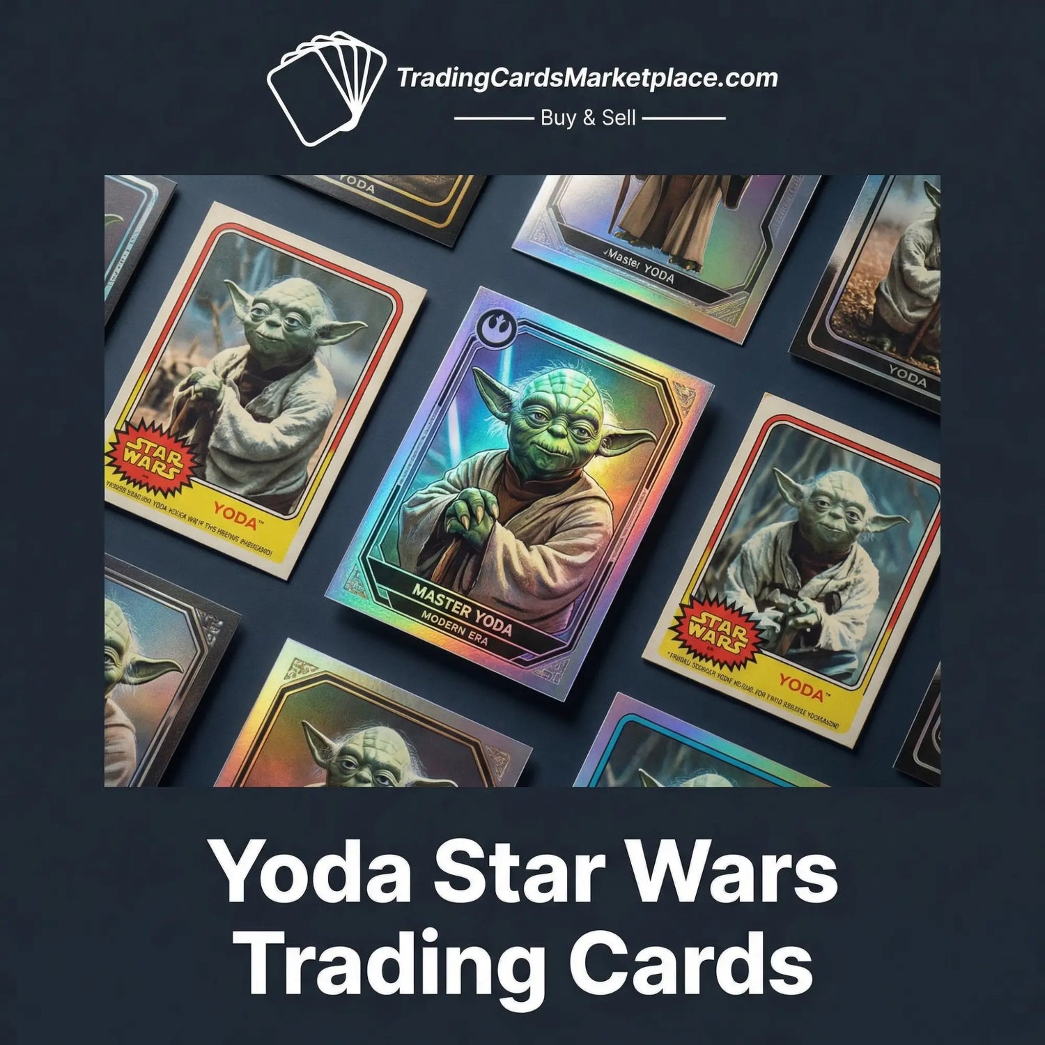 Iridescent holographic yoda star wars trading card featuring master yoda in his robes with a glowing blue lightsaber.