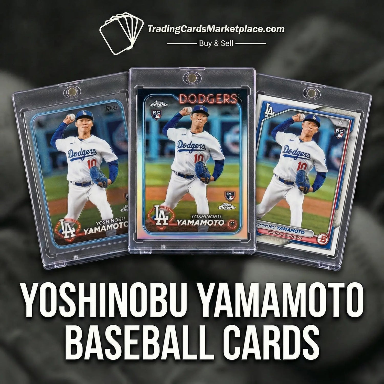 Three clear plastic protective cases each hold a baseball card featuring yoshinobu yamamoto in his dodgers uniform, with the central card displaying ’dodgers’ and ’rc’ branding.