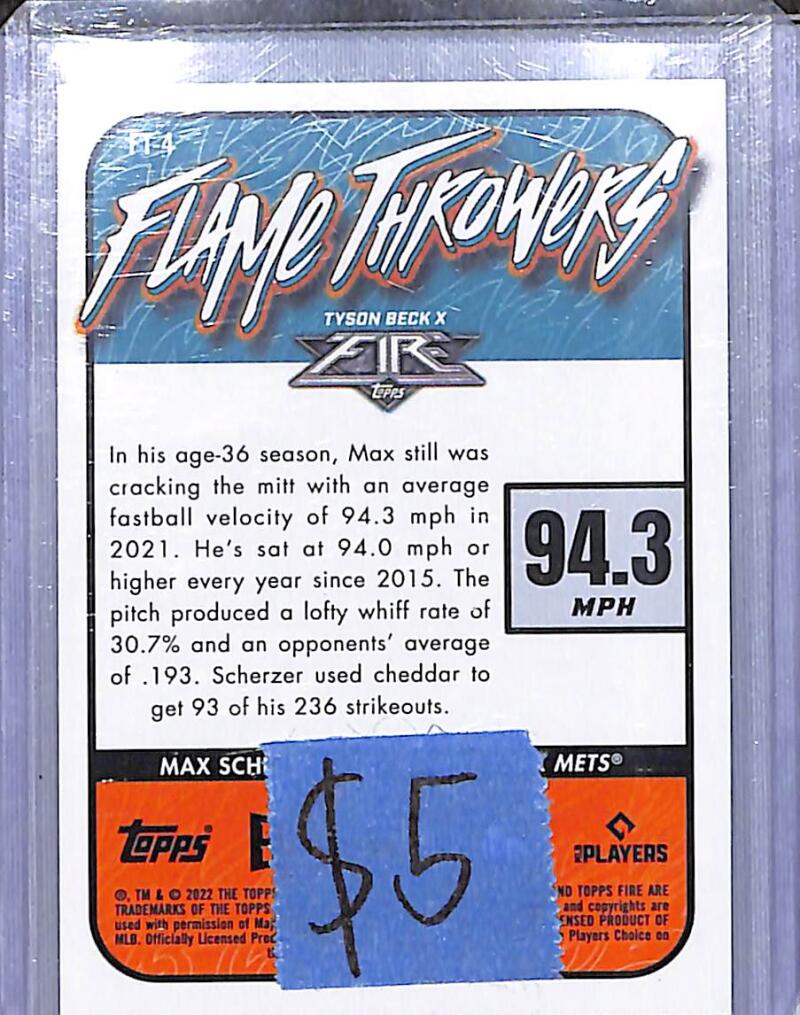 2022 Topps Fire Flame Throwers #FT-4 Max Scherzer NM-MT New York Mets Image 2