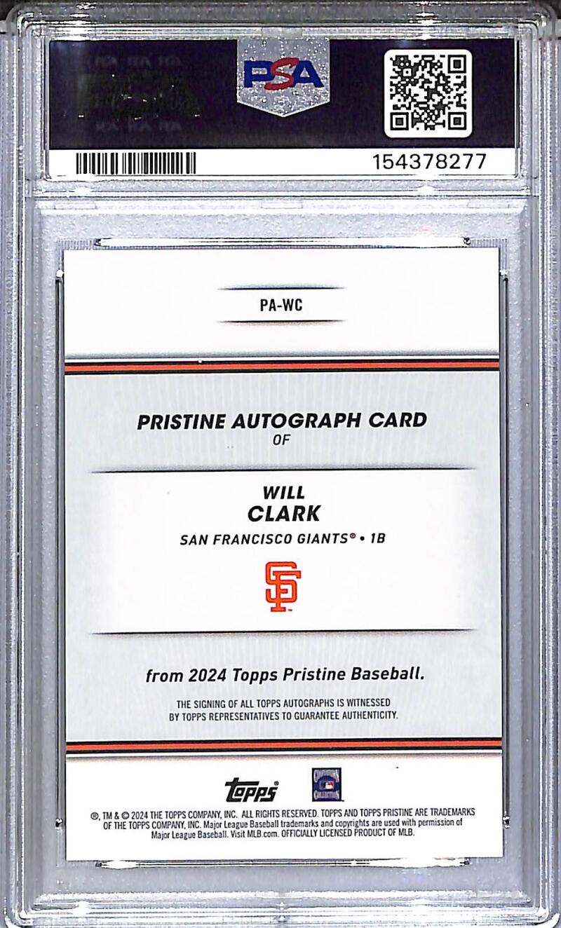 2024 Topps Pristine #PA-WC Will Clark PSA 10 GEM MINT Auto San Francisco Giants Image 2