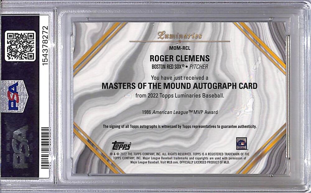 2022 Topps Luminaries Masters of the Mound #MOM-RCL Roger Clemens PSA 8 NM-MT Auto 9/15 Boston Red Sox Image 2