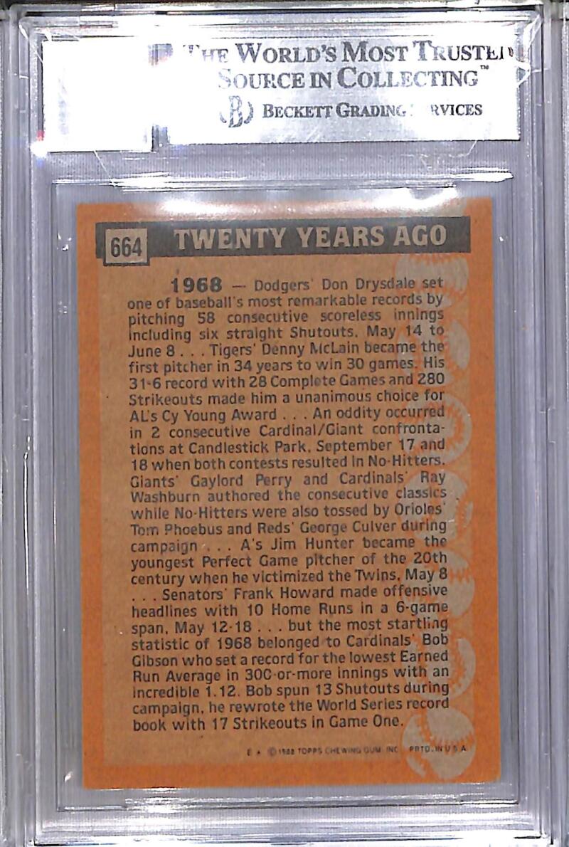 1988 Topps (Small Slab Scratch) #664 Bob Gibson Beckett AUTO 10 Auto St. Louis Cardinals Image 2