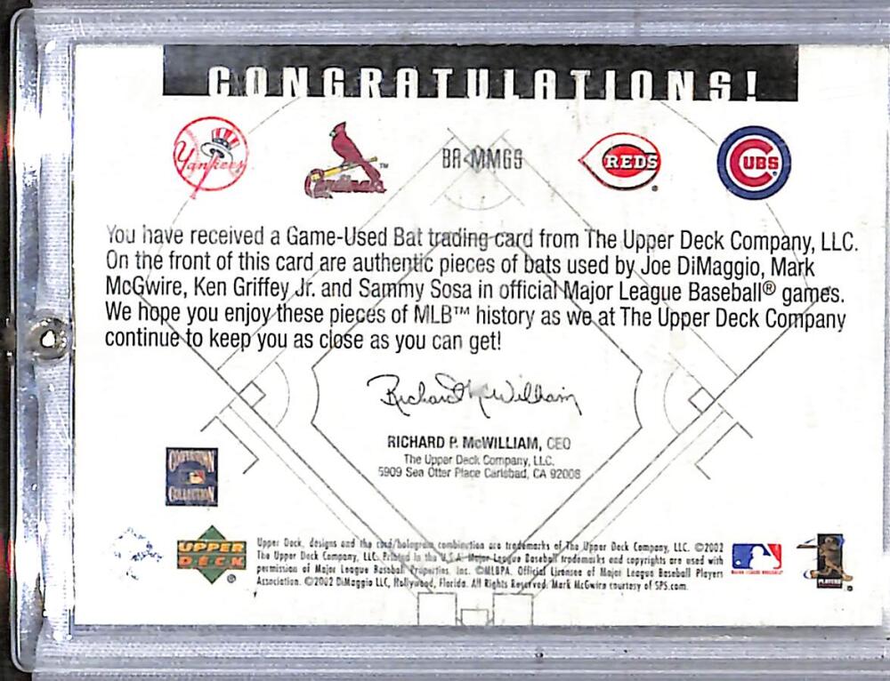 2002 Upper Deck Diamond Collection Bat Around #BA-MMGS Joe DiMaggio / Ken Griffey Jr. / Mark McGwire / Sammy Sosa NM-MT MEM Image 2