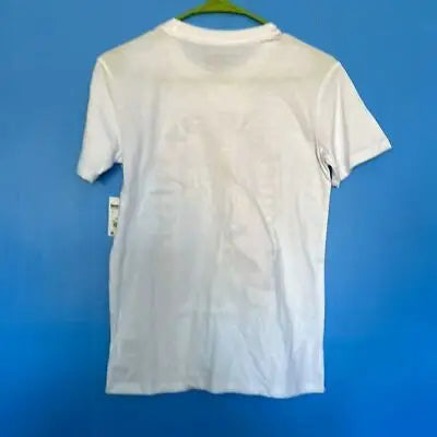 White graphic T-shirt on hanger featuring Warner Brothers 100 Years anniversary logo size small