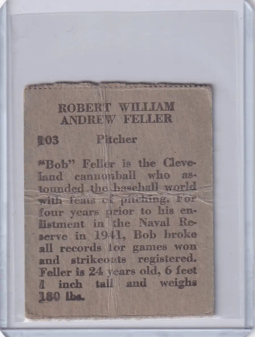 Vintage baseball card featuring Bob Feller of the Cleveland Indians R302-01 1943 M.P. & Co