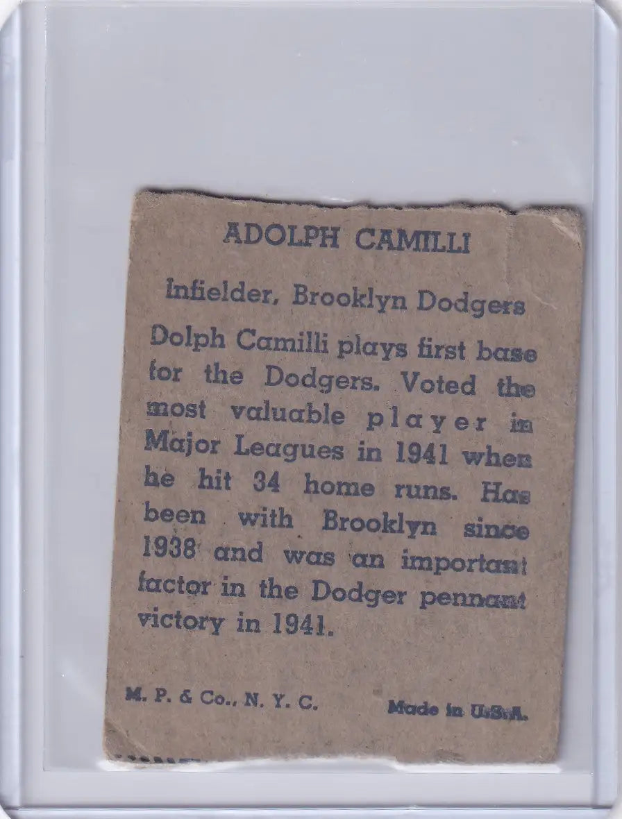 1943 R302-01 M.P. & Co Dolph Camilli Brooklyn Dodgers - Baseball Card Single