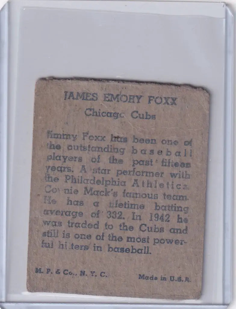 Vintage baseball card of Jimmy Foxx from the Chicago Cubs, R302-01 M.P. & Co