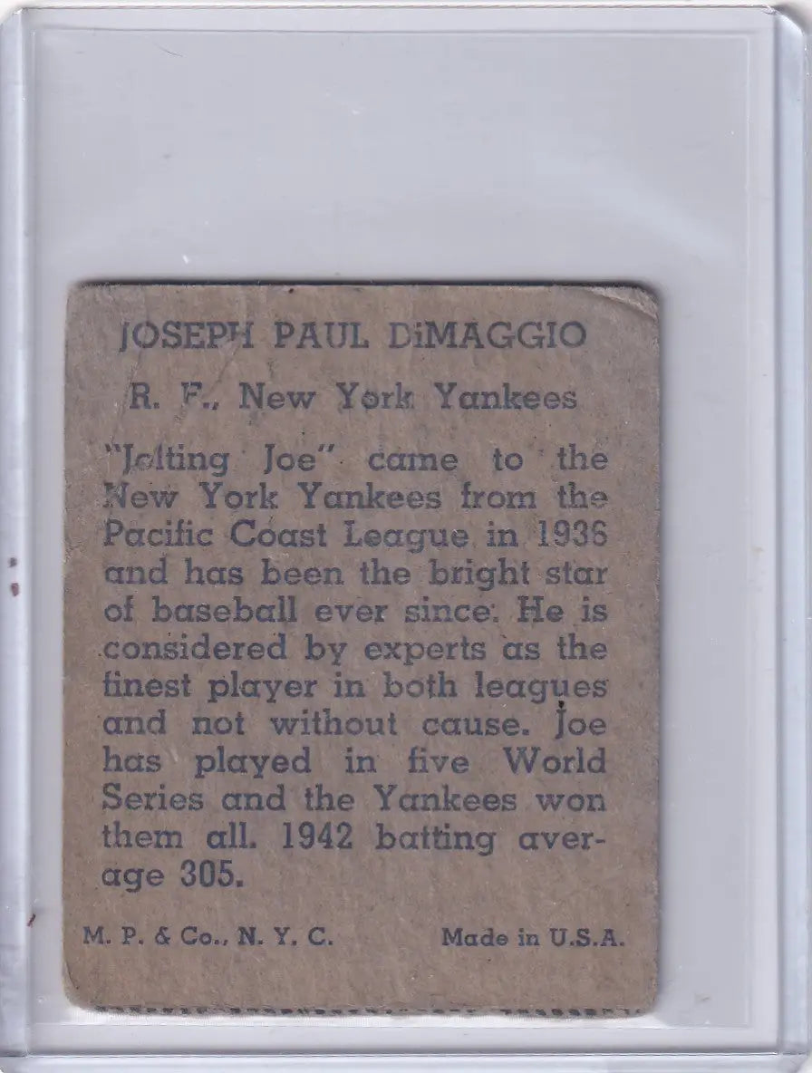 1943 R302-01 M.P. & Co Joe Dimaggio - New York Yankees - Baseball Card Single