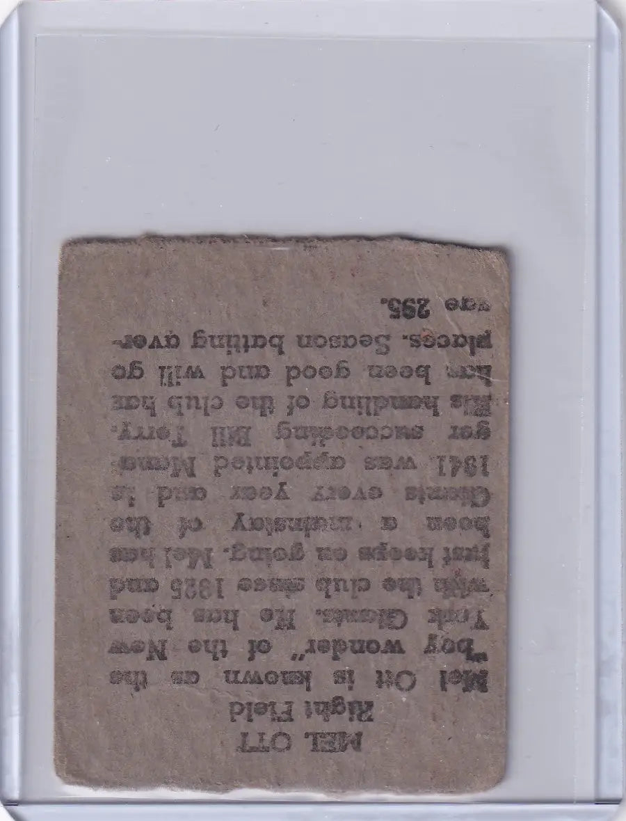 Baseball card featuring Mel Ott from the New York Giants R302-01 series with back text