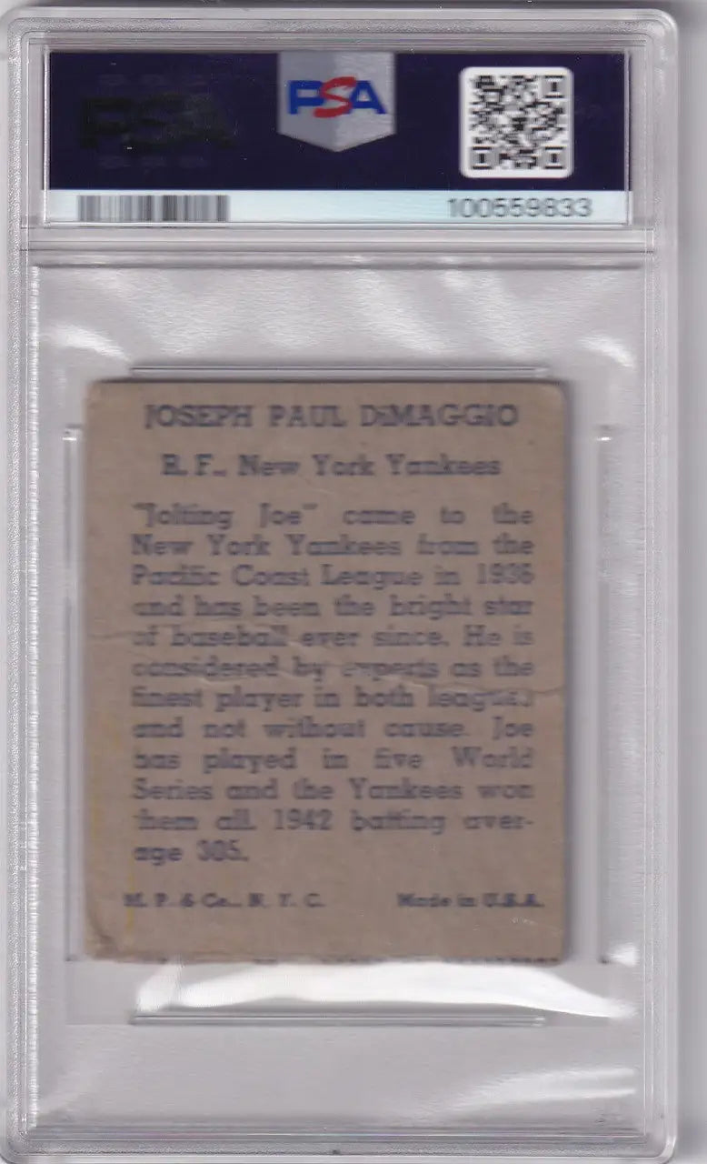 PSA-graded 1943 R302-1 M.P. & Co Joe DiMaggio card showing biographical text