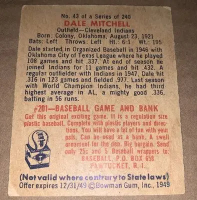 1949 Bowman #43 Dale Mitchell RC - Cleveland Indians - Low Grade - Baseball Card Single