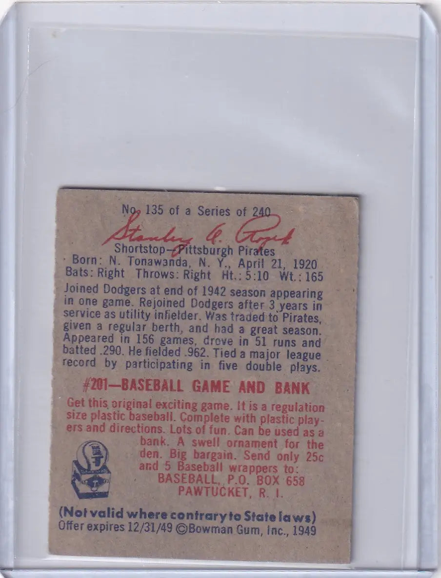 Vintage 1949 Bowman Baseball card of Stan Happy Rabbit Rojek from Pittsburgh Pirates