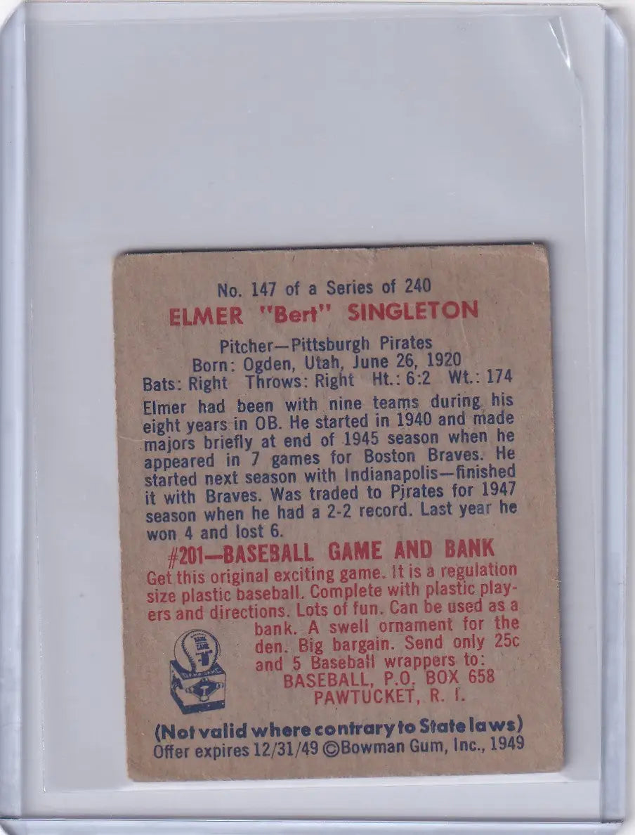 Vintage Elmer Bert Singleton baseball card from 1949 Bowman Baseball Pittsburgh Pirates