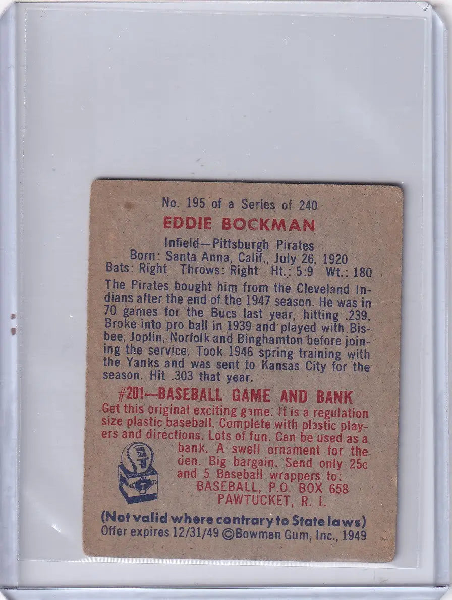 Vintage Eddie Bockman baseball card from 1949 Bowman Baseball - Pittsburgh Pirates RC