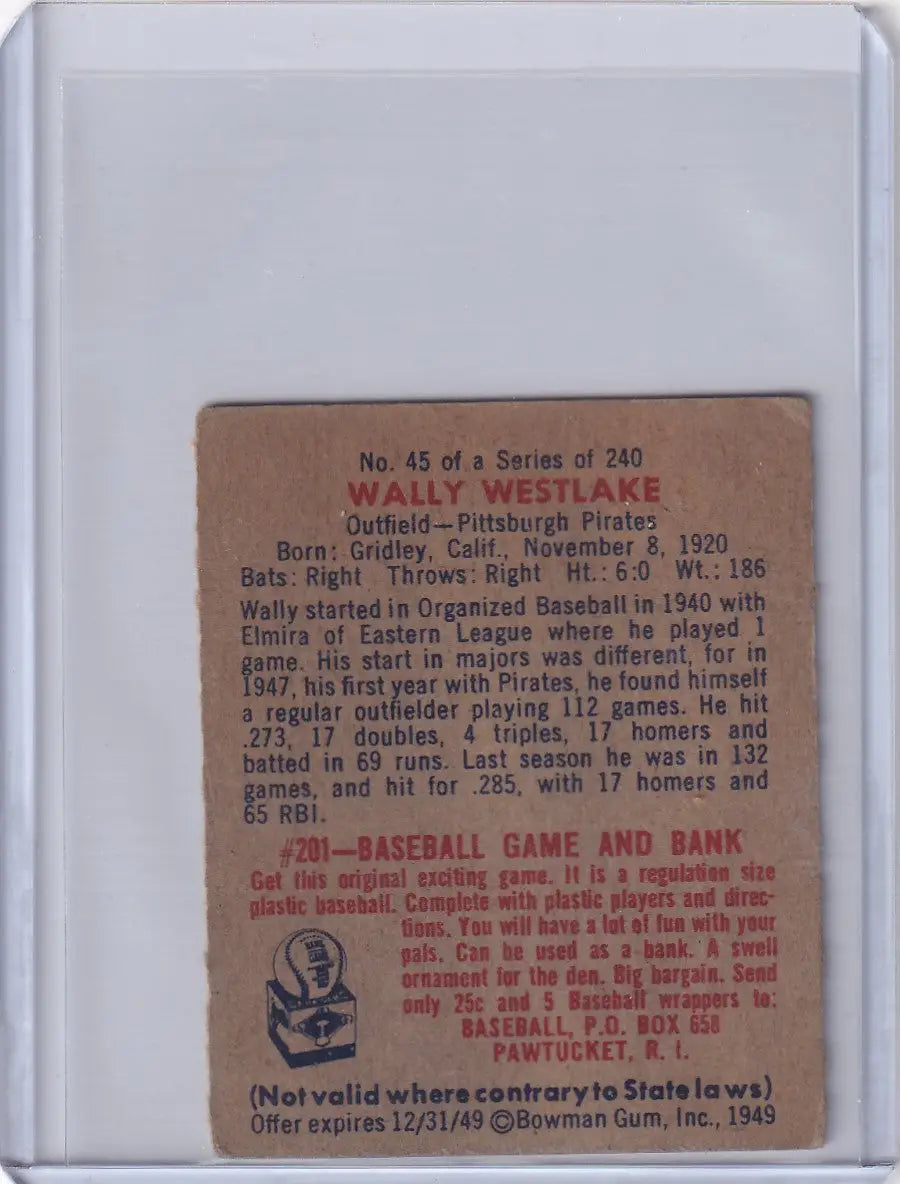 Vintage Wally Westlake baseball card from 1949 Bowman Baseball, featuring the Pittsburgh Pirates