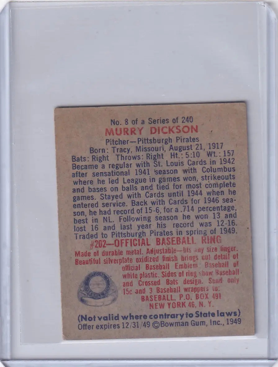 Vintage Murry Dickson baseball card from 1949 Bowman featuring Pittsburgh Pirates player