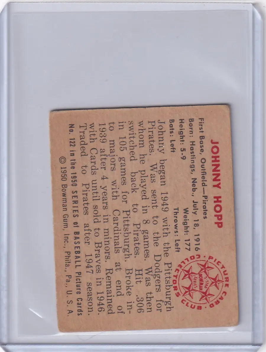 1950 Bowman Baseball #122 Johnny Hopp - Pittsburgh Pirates - Baseball Card Single
