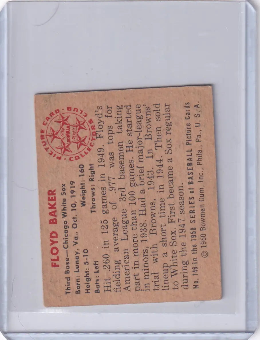 Vintage Bowman Baseball card featuring Floyd Baker of the Chicago White Sox