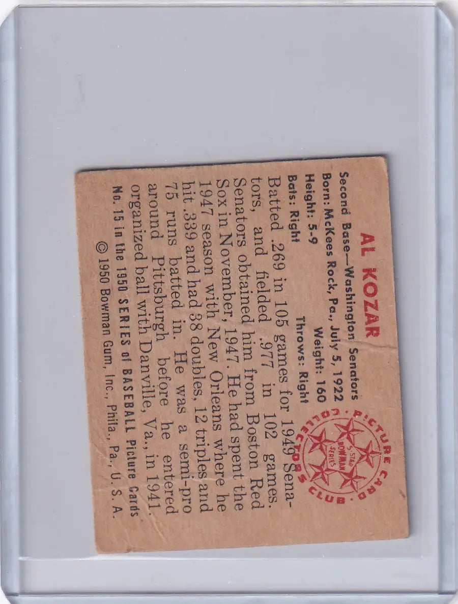 Vintage 1950 Bowman Baseball card of Al Kozar from Washington Senators on aged paper