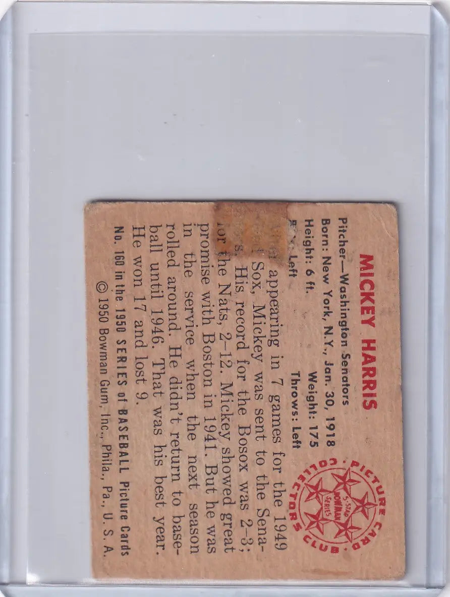 Vintage 1950 Bowman Baseball card featuring Mickey Harris of Washington Senators