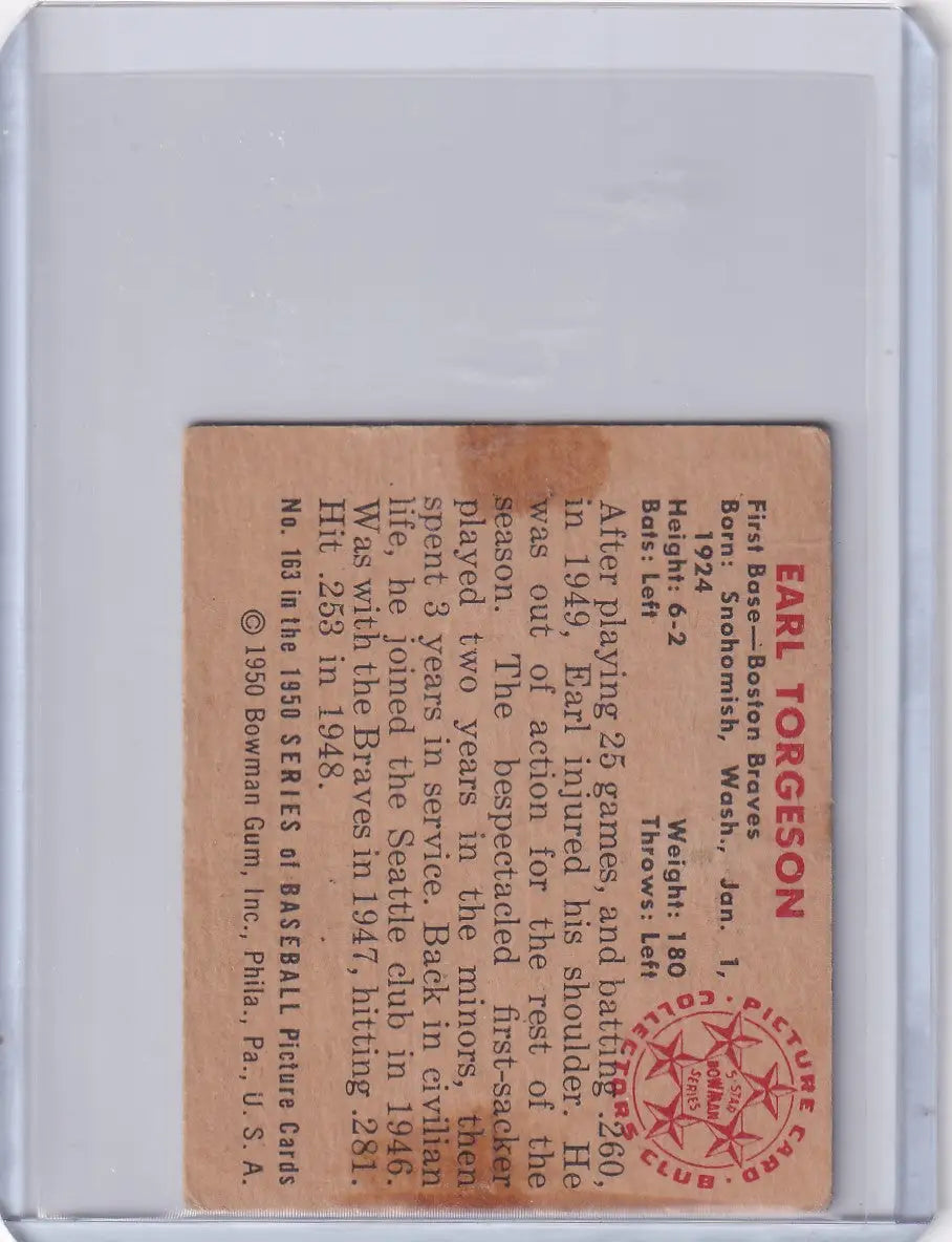 Vintage 1950 Bowman Baseball Card featuring Earl Torgeson of the Boston Braves with seal