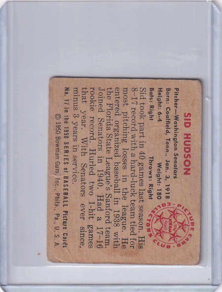 Vintage Bowman Baseball card of Sid Hudson for Washington Senators in protective sleeve
