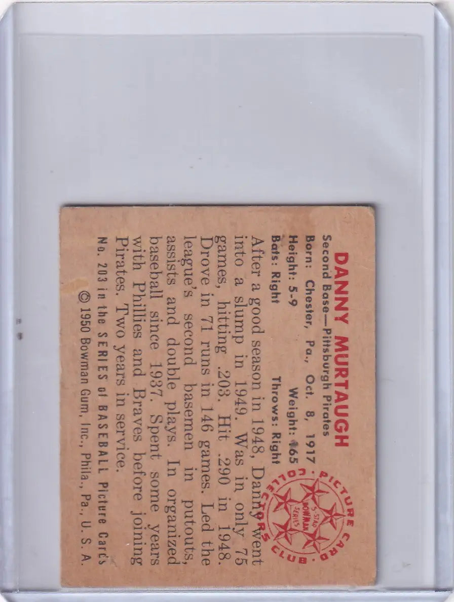 Vintage 1950 Bowman Baseball card featuring Danny Murtaugh of the Pittsburgh Pirates