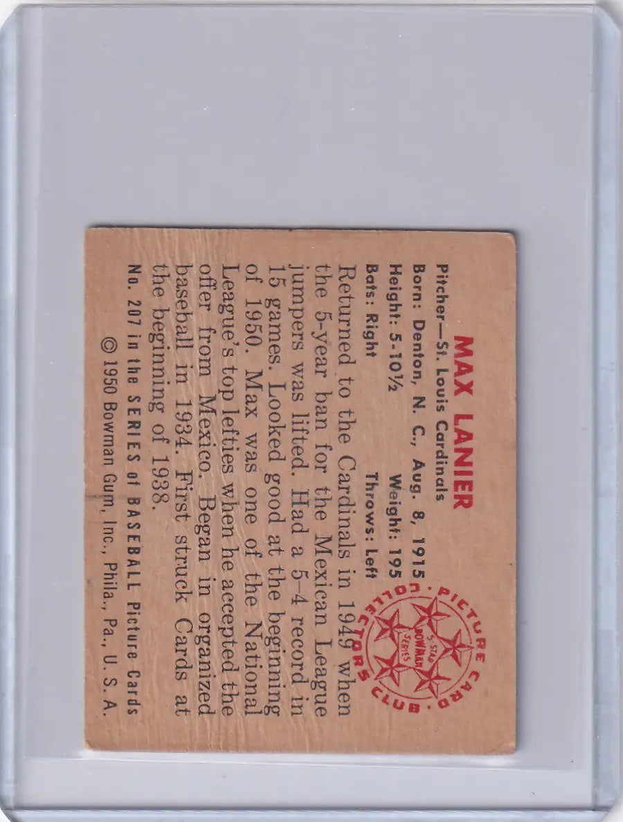 Vintage 1950 Bowman Baseball card featuring Max Lanier of the St. Louis Cardinals