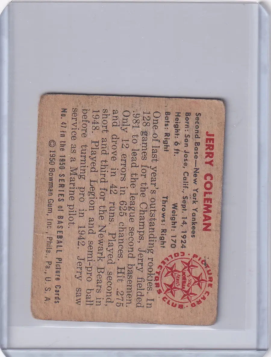 Vintage 1950 Bowman Baseball card of Jerry Coleman featuring New York Yankees seal