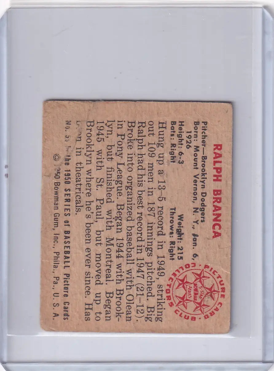 Vintage Bowman Baseball card featuring Ralph Branca from Brooklyn Dodgers with a red seal