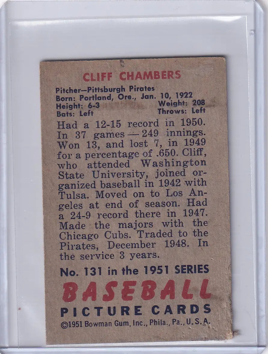 Vintage 1951 Bowman Baseball card of Cliff Chambers, Pittsburgh Pirates pitcher