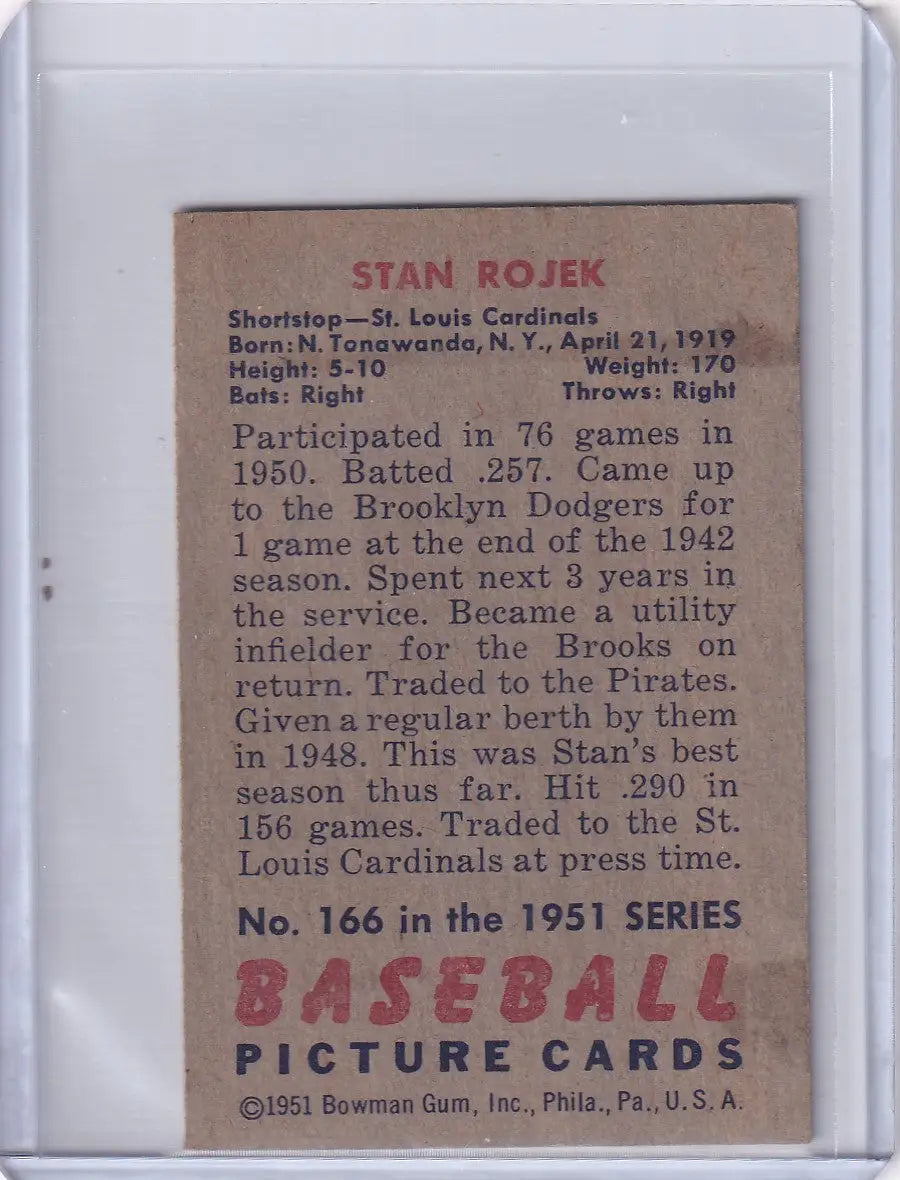Vintage 1951 Bowman Baseball card featuring Stan Rojek of the St. Louis Cardinals