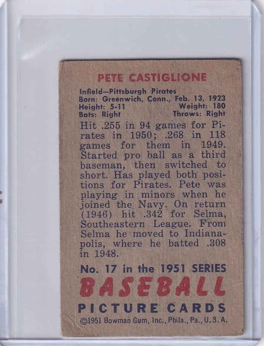 Vintage Bowman Baseball card featuring Pete Castiglione of the Pittsburgh Pirates