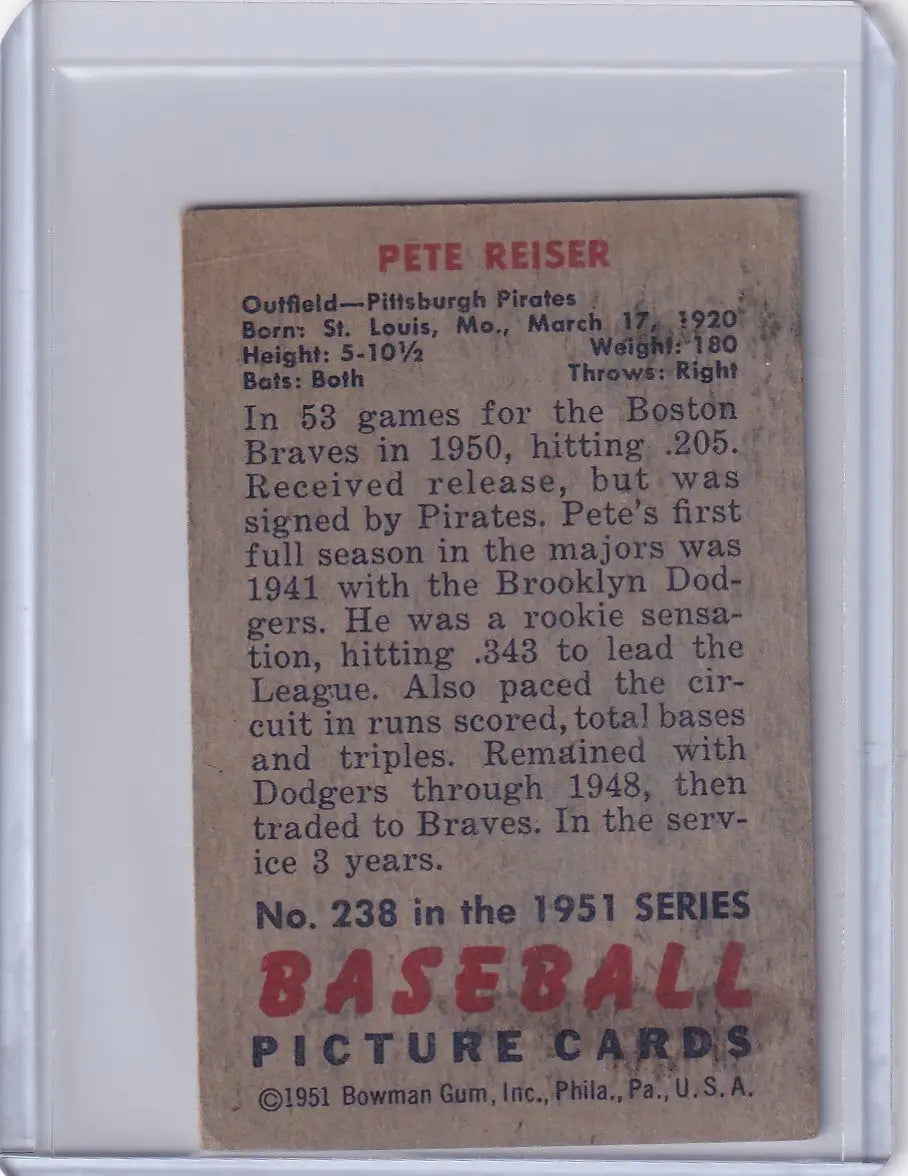 Vintage 1951 Bowman Baseball #238 Pete Reiser card featuring the Pittsburgh Pirates