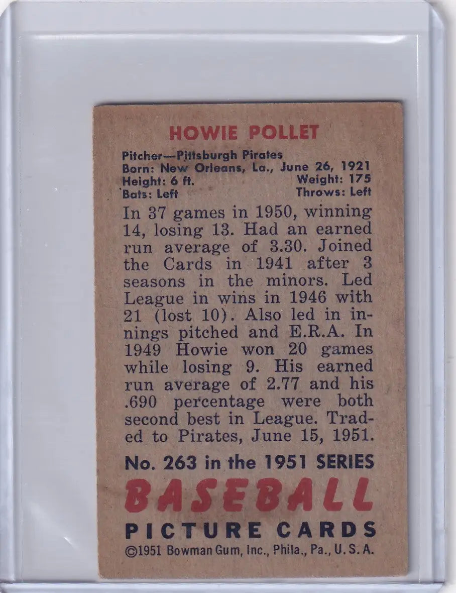 Vintage Howie Pollet baseball card from 1951 Bowman Baseball, Pittsburgh Pirates collectible