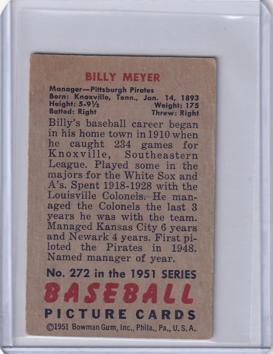Vintage Billy Meyer MGR baseball card from 1951 Bowman Baseball series