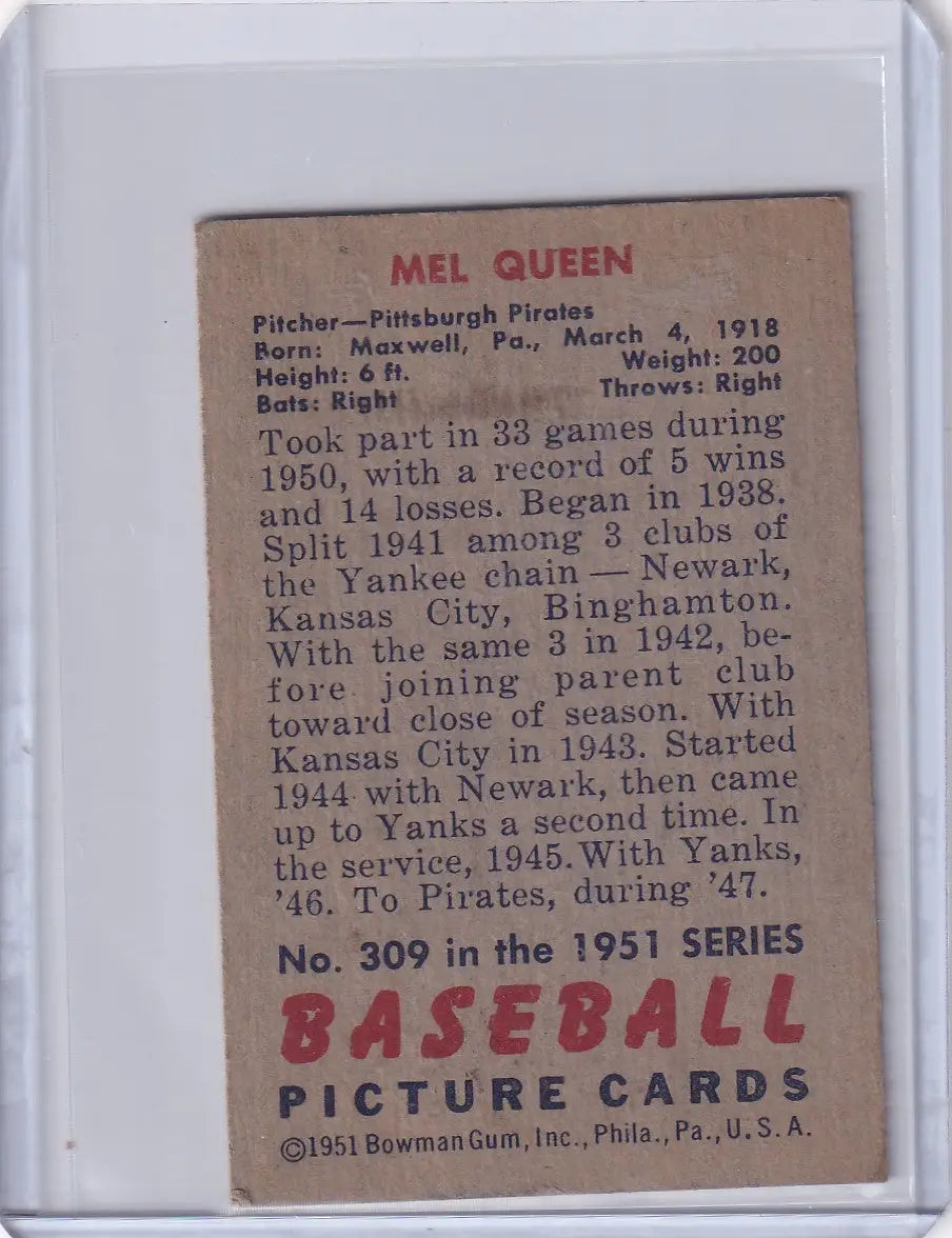 Vintage Mel Queen baseball card from 1951 Bowman, showcasing Pittsburgh Pirates player
