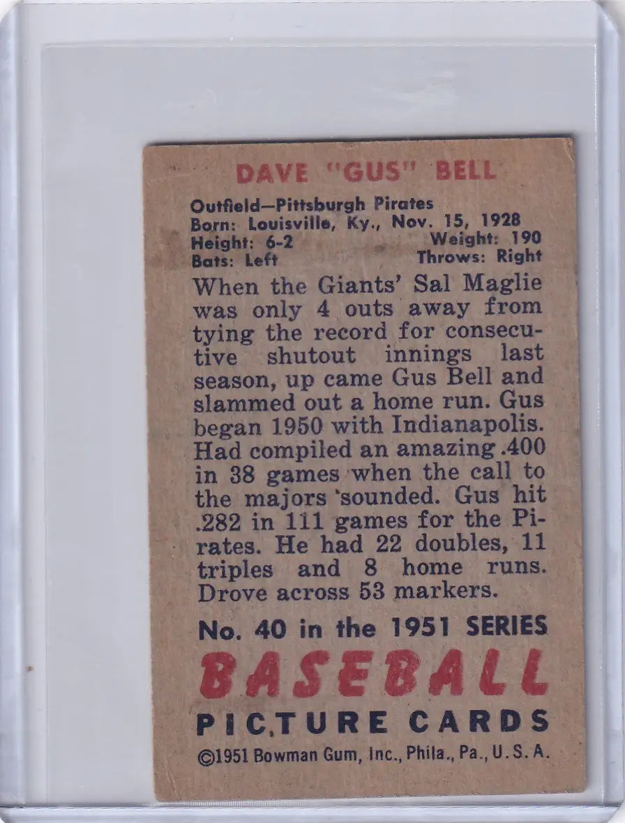 Vintage 1951 Bowman Baseball card of Dave Bell from the Pittsburgh Pirates