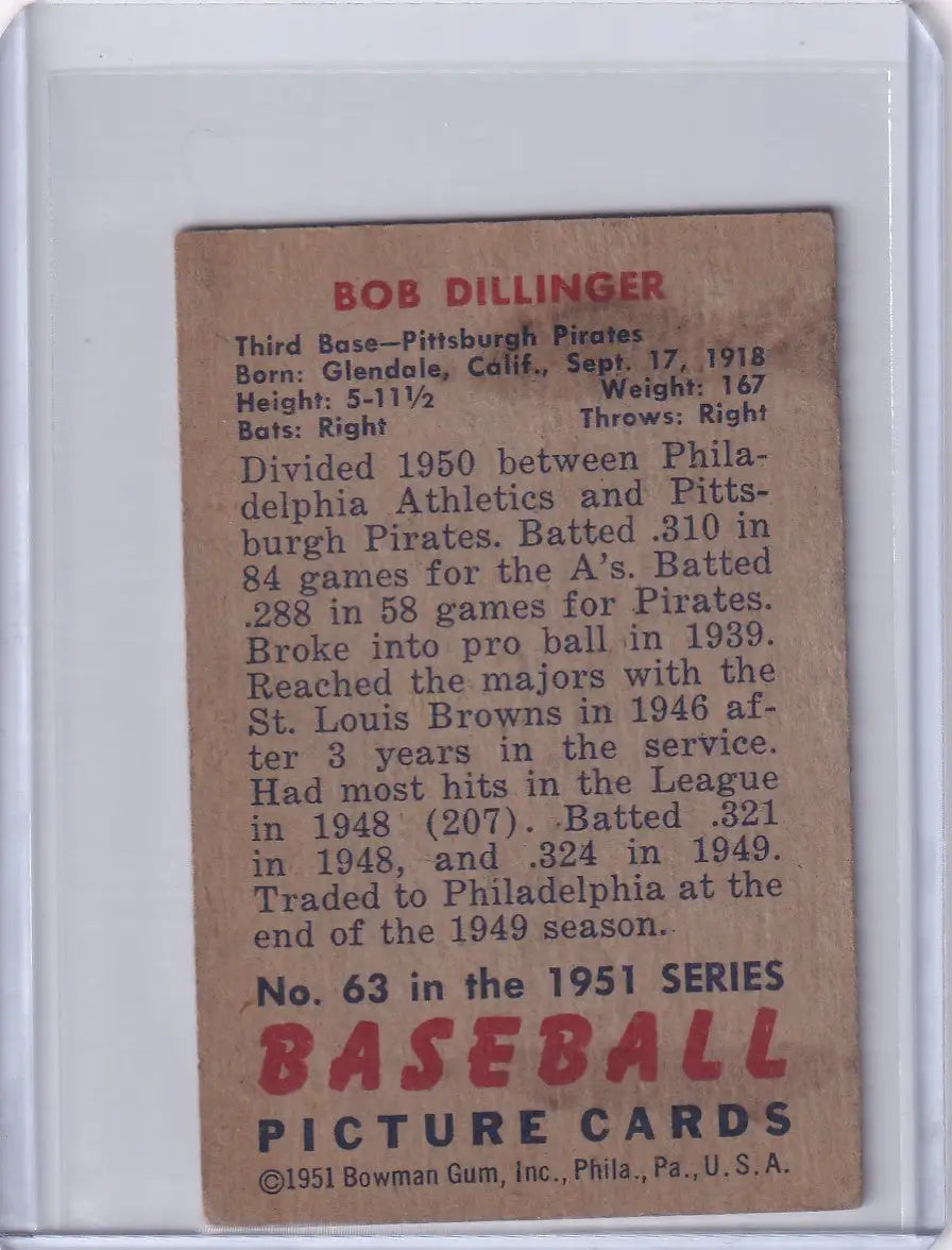 1951 Bowman Baseball #63 Bob Dillinger card for Pittsburgh Pirates collectors