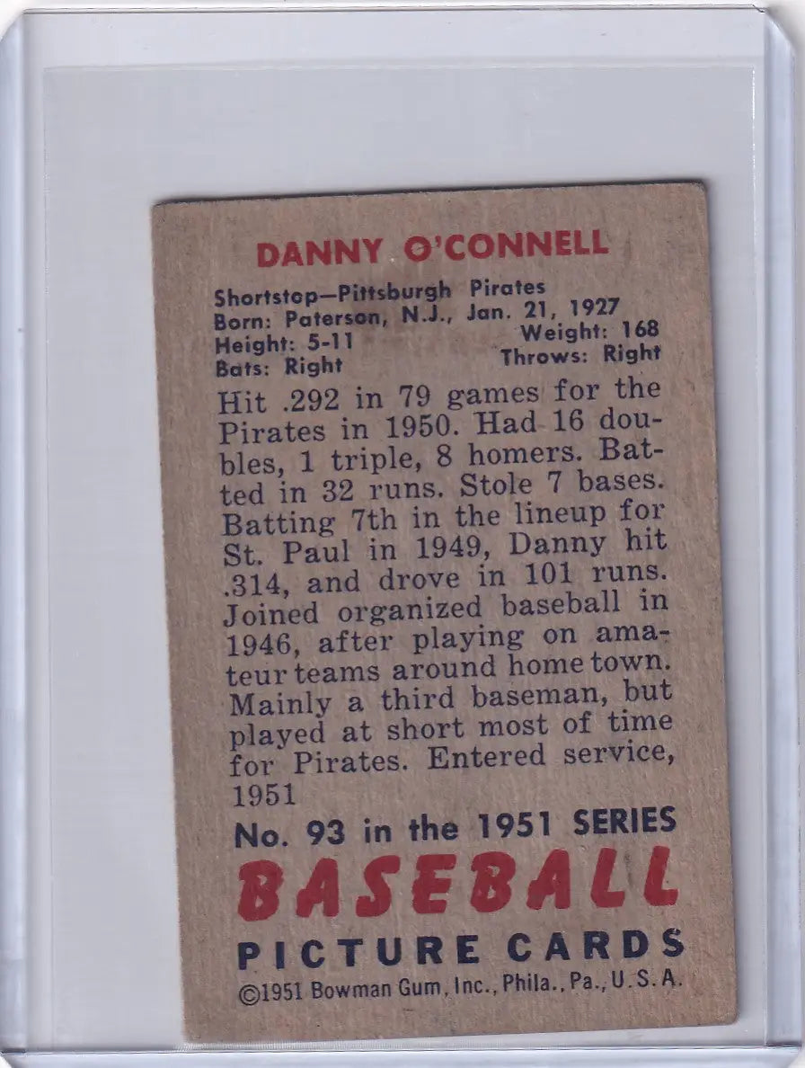 Vintage Danny O’Connell baseball card from 1951 Bowman for Pittsburgh Pirates fans