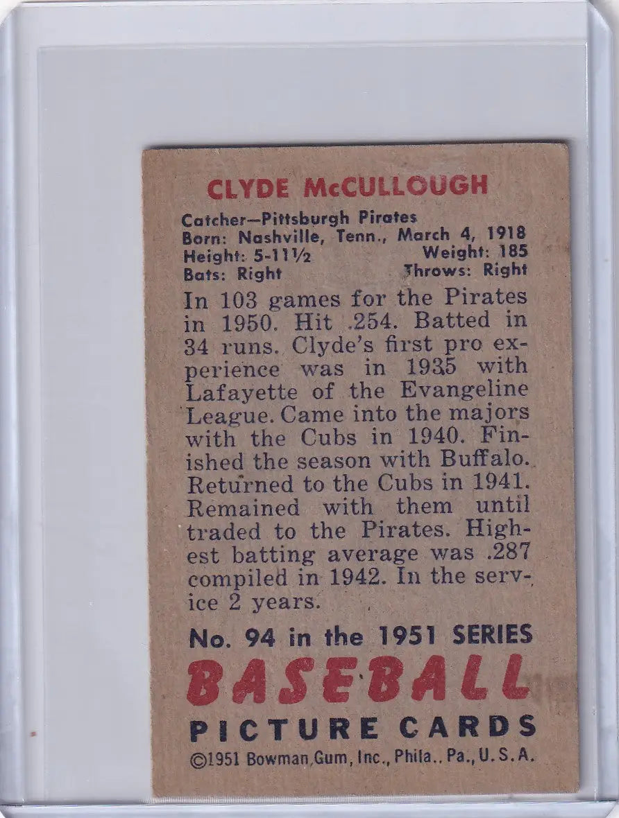 Vintage Clyde McCullough 1951 Bowman Baseball card for Pittsburgh Pirates collectors