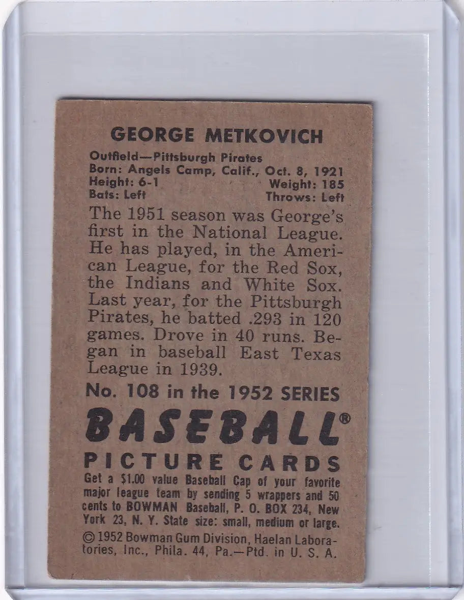 Vintage 1952 Bowman Baseball card of George Metkovich from the Pittsburgh Pirates