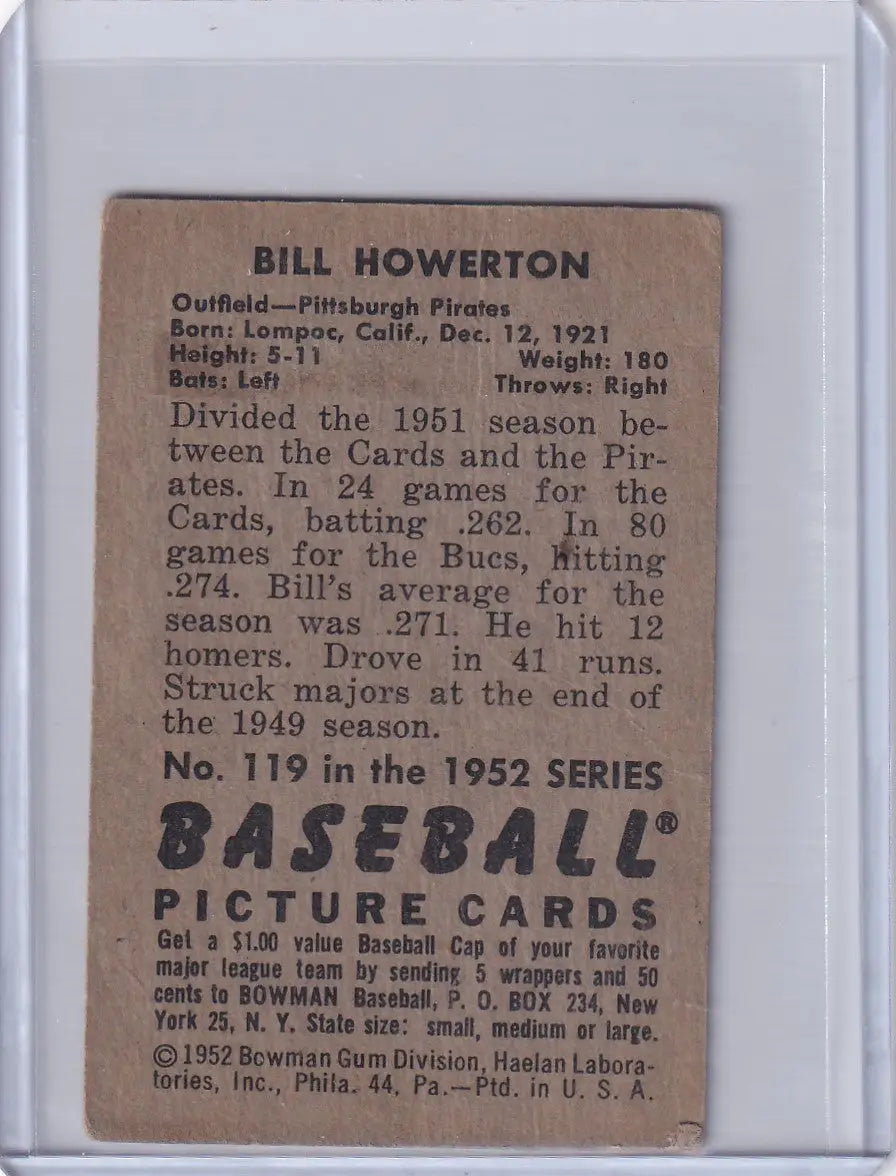 Vintage Bill Howerton baseball card from the 1952 Bowman Baseball series, Pittsburgh Pirates