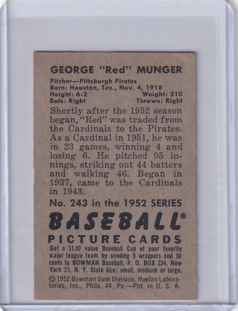 Vintage 1952 Bowman Baseball card of Red Munger UER from the Pittsburgh Pirates