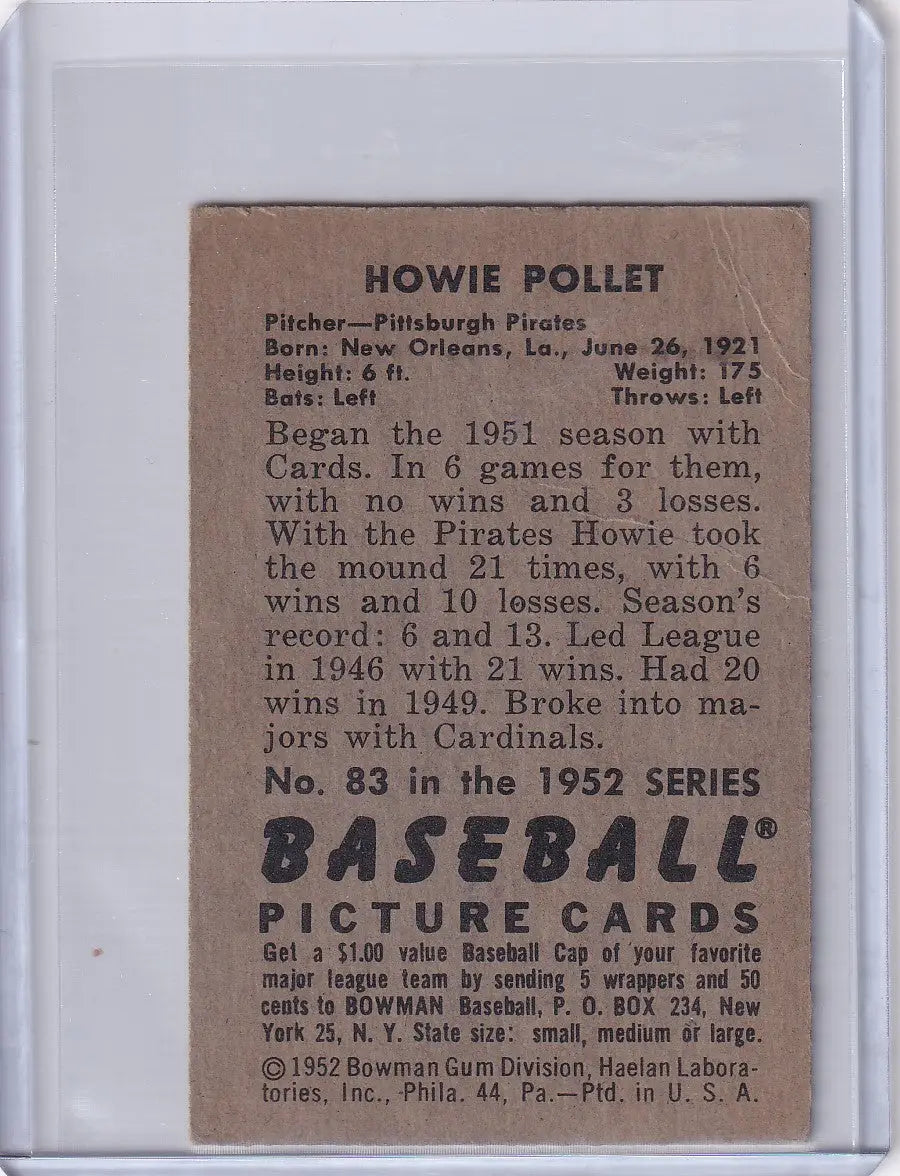 Vintage 1952 Bowman Baseball card of Howie Pollet, Pittsburgh Pirates player