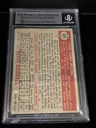 Graded baseball card of 1952 Topps #271 Detroit Tigers Jim Delsing Auto signed D.2006