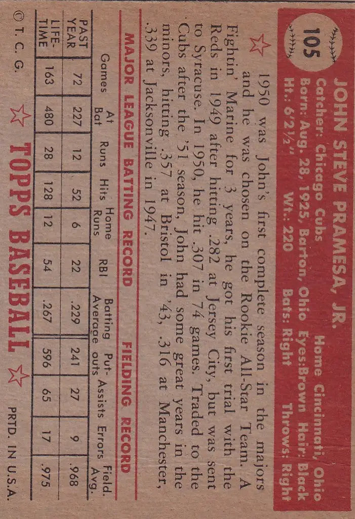 Vintage 1952 Topps Baseball card of John Pramesa Chicago Cubs player statistics