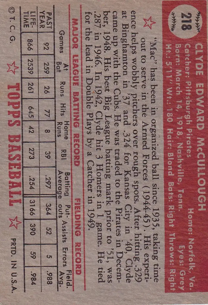 Vintage 1952 Topps Baseball card of Clyde McCullough Pittsburgh Pirates player statistics