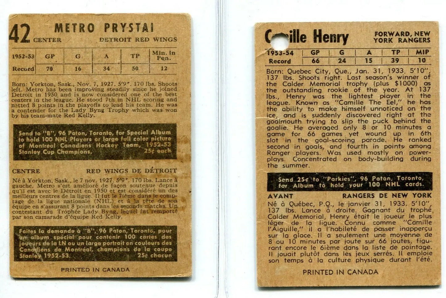 Two vintage trading cards featuring Metro Prystai and Camille Henry from 1953-54 Parkhurst